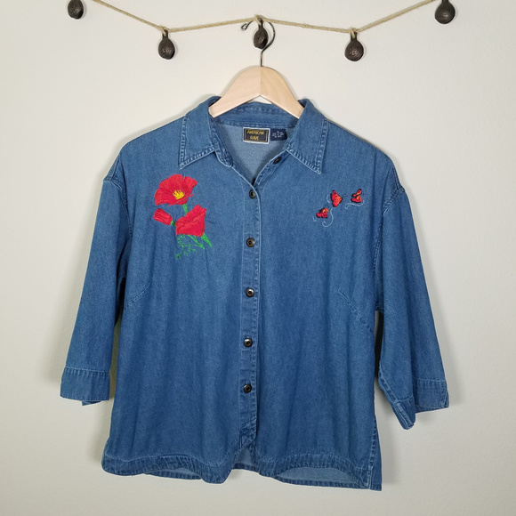 Vintage Tops - Denim Chambray Embroidered Flowers Butterfly Shirt